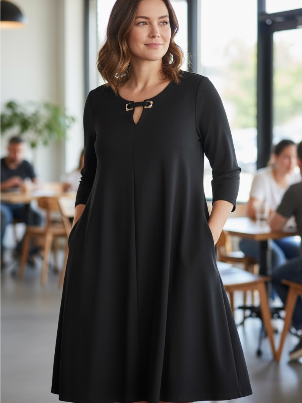 Nina Leonard Black Midi Swing Dress with Decorative Neck Accent